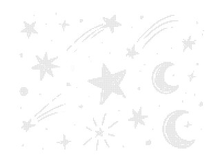 Set of celestial elements, stars, comets, and crescent moons in halftone dot style © Rehena