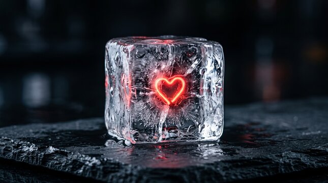 Macro photo of crystal clear melting ice cube with glowing neon red heart inside