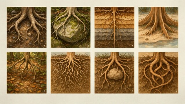 This visual guide displays eight distinct illustrations, each within a square frame, showing a cross-section of tree roots growing in various types of soil and conditions. Some roots are shallow 