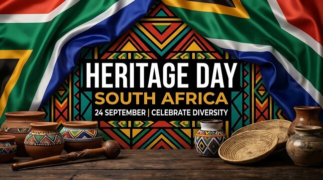 Vibrant South African flag drapes over ethnic patterned background with hand painted clay pots and woven baskets on rustic wood table to celebrate Heritage Day.