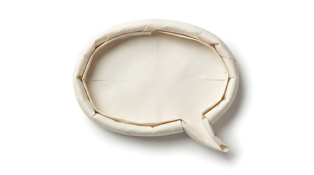Unique, folded speech bubble made from a textured white material, appearing as a 3D object on a white background
