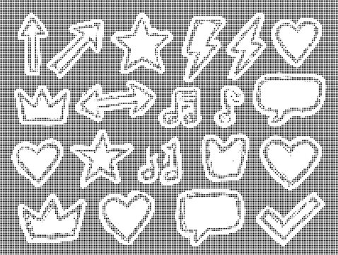 Collection of hand drawn doodle icons with halftone dot texture effect