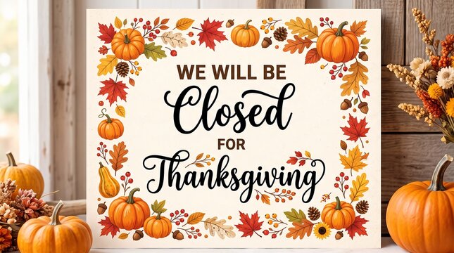 A decorative sign stating we will be closed for thanksgiving day surrounded by autumn leaves and orange pumpkins