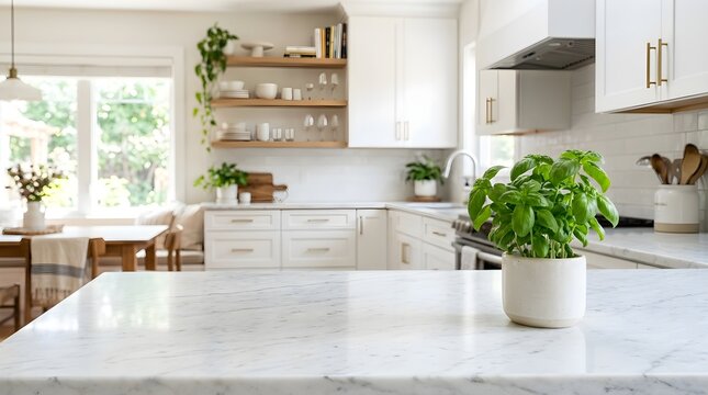 Modern white kitchen interior with marble countertop, wooden shelves, and fresh basil plant in a ceramic pot, bright and airy home design