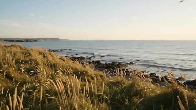 Serene Coastal Landscape with Golden Grass and Calm Ocean Waters during Golden Hour