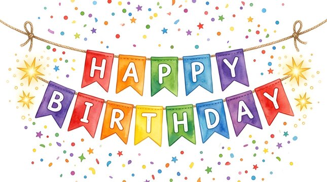 A vibrant and colorful happy birthday banner with a confetti background perfect for joyful celebrations and festive occasions