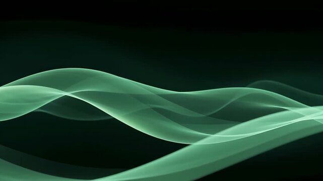 Abstract flowing neon green light waves on a dark black background, elegant futuristic fluid curves for digital wallpaper