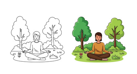 Fototapeta premium Minimalist vector illustration featuring a woman meditating outdoors in a peaceful forest setting with nature trees