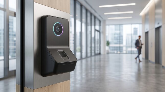 Biometric access control scanner mounted in a modern corporate office hallway with a person walking in the background