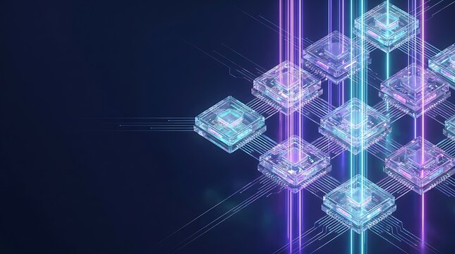 Abstract digital art representing a network of glowing processors interconnected with luminous light beams.