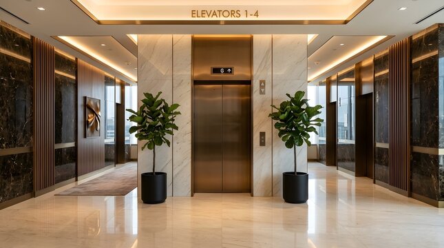 Modern luxury elevator lobby interior with marble walls and metallic accents