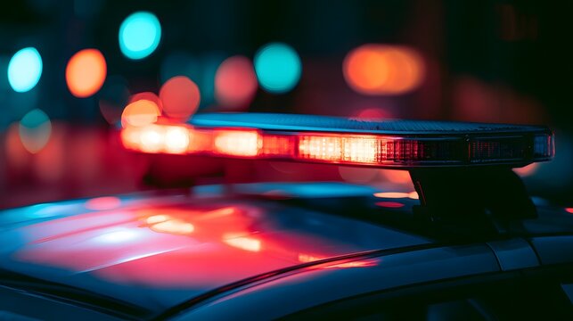Cinematic close up of a police car emergency light bar glowing with neon colors at night city scene