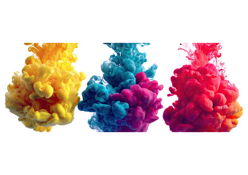 Colorful ink clouds swirling in water creating vibrant bright paint explosions and abstract shapes