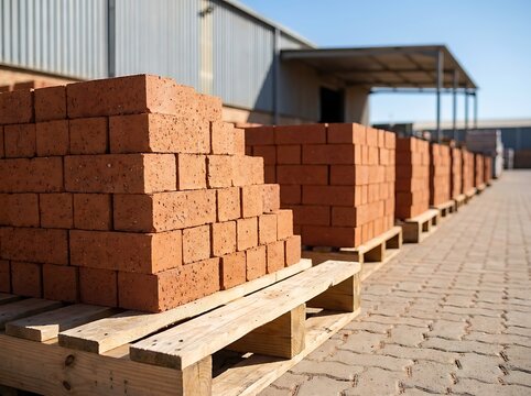 Stacks of terracotta bricks on wooden pallets in a construction yard ready for building materials supply.
