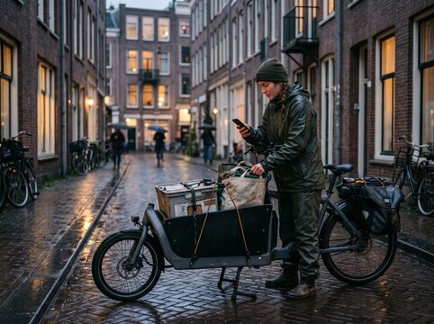 A person using a mobile phone while standing next to a cargo bicycle loaded with packages on a wet cobblestone street, with vintage buildings lining the alleyway