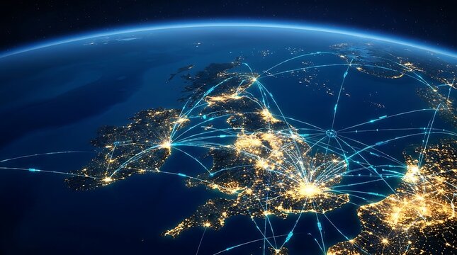 Global network of glowing light lines connecting cities across Great Britain on Earth at night from space.