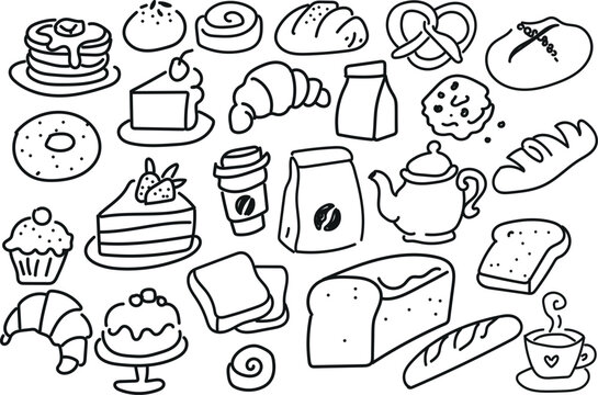 Hand Drawn Bakery Bread Pastry and Coffee Doodle Collection