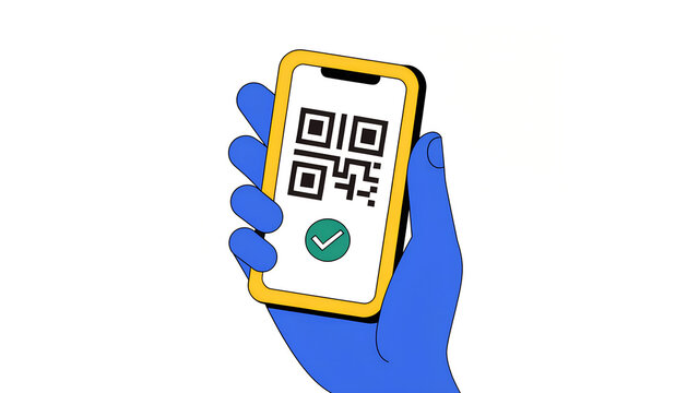 A blue hand holding a smartphone showing a qr code scanner screen with a green success checkmark icon in a simple flat vector illustration