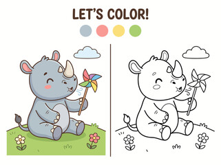 Cute rhinoceros with colorful butterfly and black and white outline for coloring page © rafsanwd