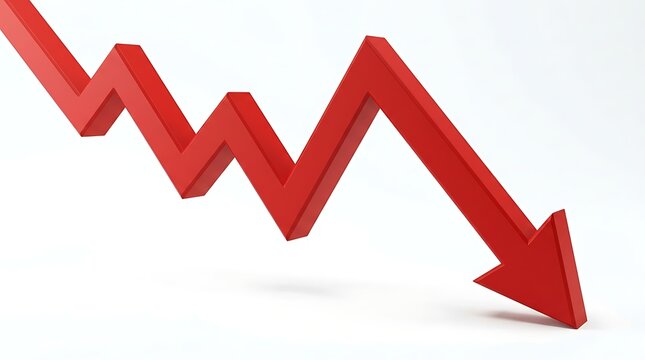 Red downward trending arrow graph indicating financial decline and economic recession, representing negative business performance and investment loss.