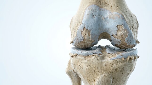 Close-up of knee joint with highlighted cartilage area