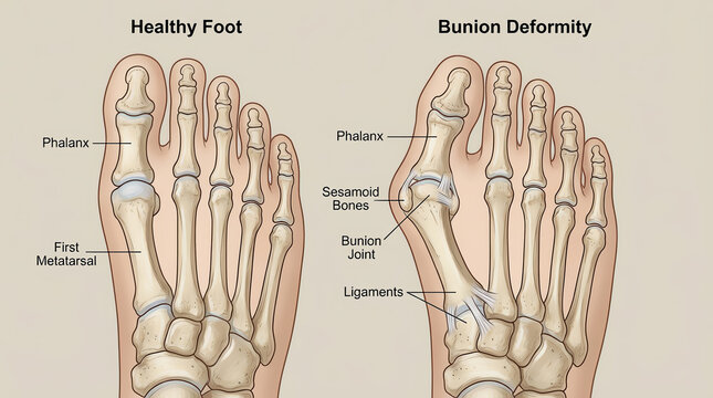 Medical illustration of Hallux Valgus showing inward displacement of the first metatarsal and outward deviation of the big toe phalanx toward the other toes.
