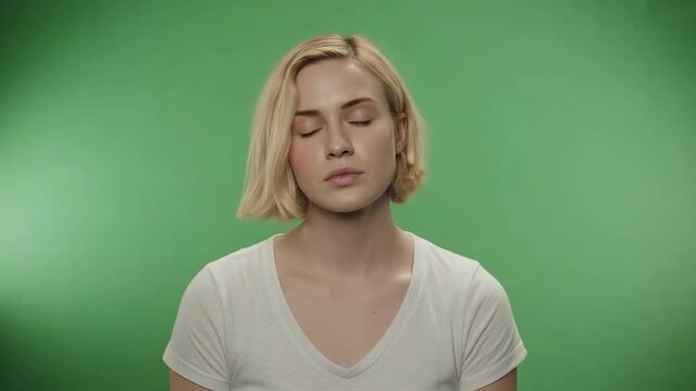 Person with straight hair transitioning from side to front lighting in green studio backdrop with video person s hair shifting under changing light angles against solid green background