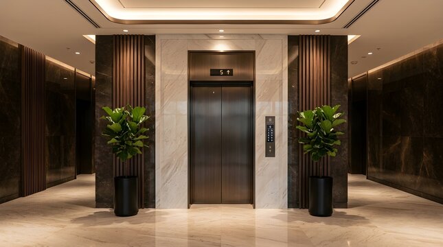 Elegant elevator lobby in a modern highrise building with marble walls, dark wood paneling, and indoor plants