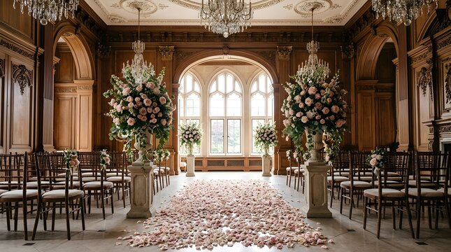 Elegant wedding ceremony setup in a grand historic hall with wooden paneling, crystal chandeliers, floral arrangements, and rose petal aisle runner
