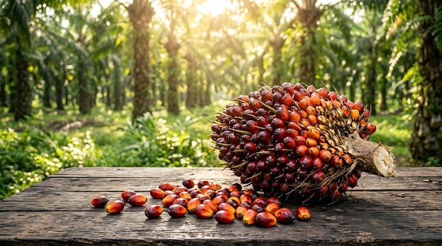 Oil palm bunch with scattered drupes on weathered wooden table in plantation with sunbeams.