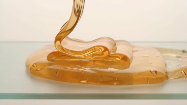 Pouring Thick Golden Honey Or Sweet Syrup Onto Clear Glass Surface in Close Up Studio Shot