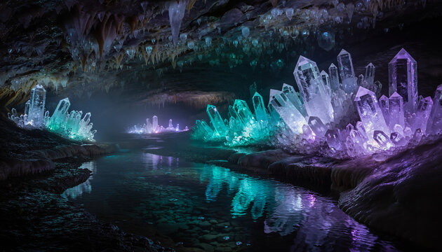 Underground cave with illuminated colorful crystal formations and reflective water.