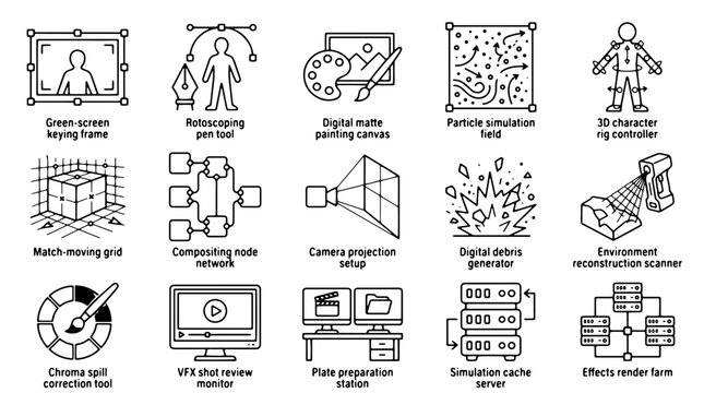 Visual effects production icons, 15 VFX industry line art symbols, digital cinema post-production vector set, movie editing tools
