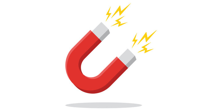 Red horseshoe magnet with yellow spark symbols for physics science education.