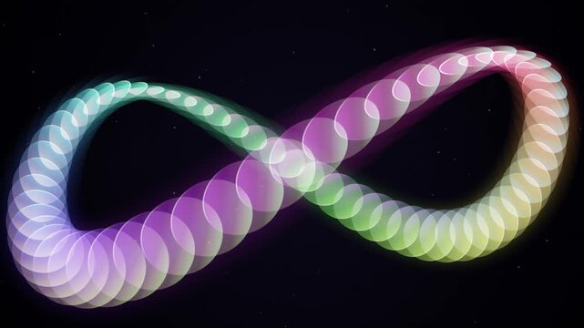 Abstract infinity symbol composed of glowing colorful circles on a dark background