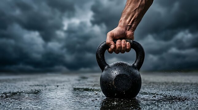 Athletic arm holding heavy black kettlebell on wet ground under stormy dramatic clouds preparing for intense workout and strength training.