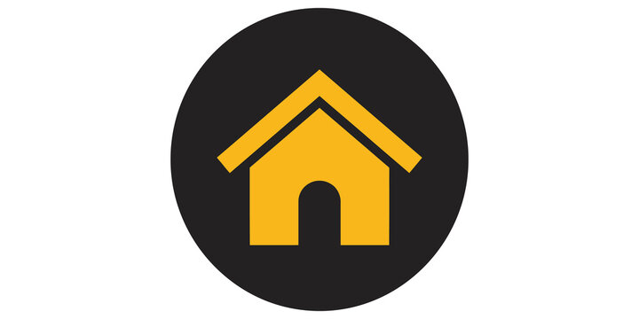 Yellow house icon inside a black circle on transparent background signifies home and safety.