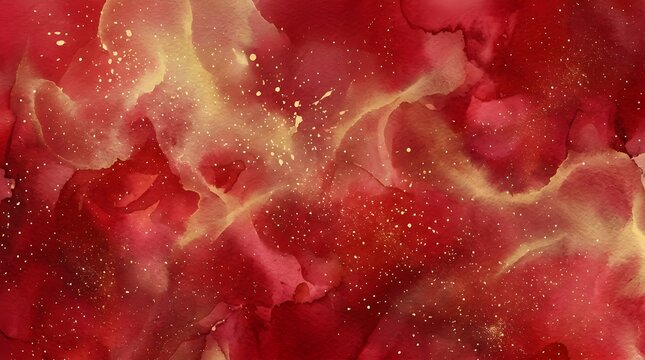 Abstract red and gold watercolor background with sparkling glitter texture, elegant artistic backdrop for luxury designs and creative projects
