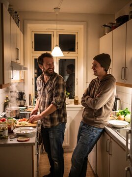 Two men enjoying a warm evening in a cozy kitchen, one preparing food while the other leans against the counter, both smiling and chatting.