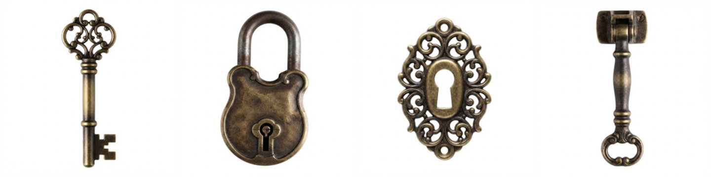 Vintage key and brass padlock set with ornate filigree escutcheon and antique furniture pull hardware isolated on white background for vintage design, security, and decor concepts