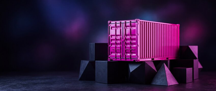 Bright pink shipping container standing on dark geometric shapes in futuristic style studio lighting showcasing innovative logistic and cargo solutions concept.