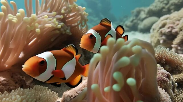Close-up of a clownfish nestled in sea anemone underwater