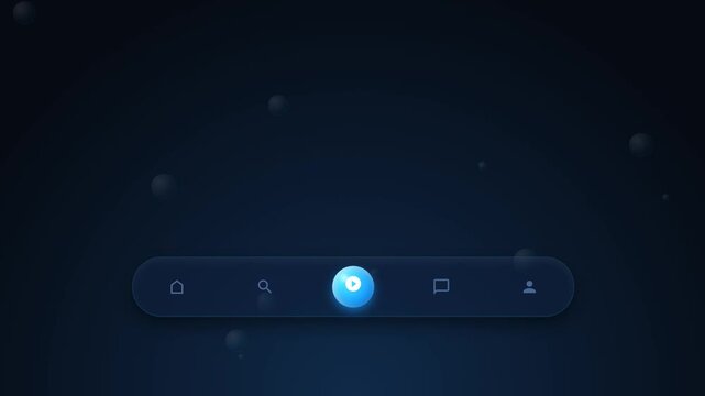 4K seamless looping animation of a modern mobile app bottom navigation tab bar, featuring a floating, organically morphing liquid bubble indicator and premium glassmorphism aesthetics. Floating backgr
