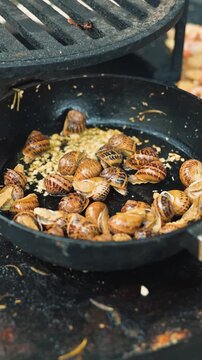 Clams are being cooked in a skillet with herbs and garlic in this visual. Steam rises above as the clams open up, showing freshness and flavor in the preparation