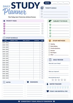 Daily Study Planner Printable A4 - Student Time Block Schedule Template with Goals, Priority Tasks, Subject Focus, Study Methods Checklist, Water Tracker and Gratitude Section for Exam Preparation