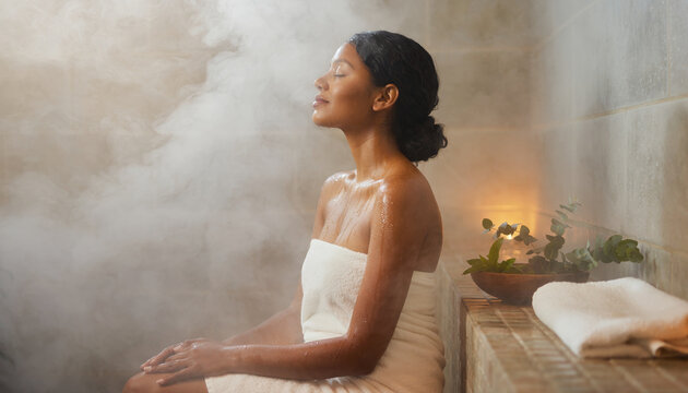 Woman enjoying steam therapy in a spa or sauna setting.