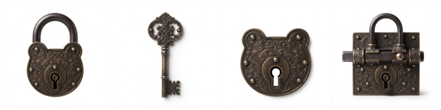 Vintage locks and key set featuring an ornate bronze padlock, antique key, decorative escutcheon, and sliding bolt latch isolated on a clean white background for security design