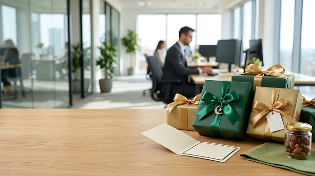 Festive holiday gifts and greeting card sit on wooden desk with blurred office background and people working.