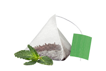 Pyramid Tea Bag with Fresh Mint Leaves and Green Tag © Atreyee