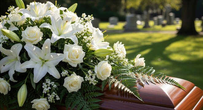 Funeral scene highlighting casket adorned with lush white flowers and green ferns, dignified memorial tribute, calm emotional farewell, sunlit garden cemetery with blurred background